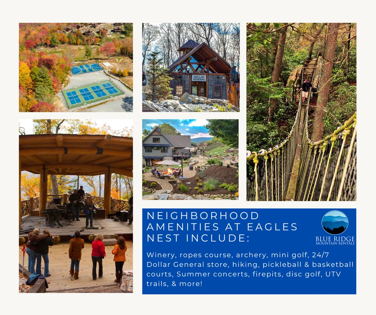 A vibrant outdoor concert area surrounded by colorful autumn foliage, recreational courts, and a rustic gathering space. Families and friends can be seen attending summer concerts, playing mini golf, and exploring hiking trails, reflecting the diverse activities available right outside the home.
